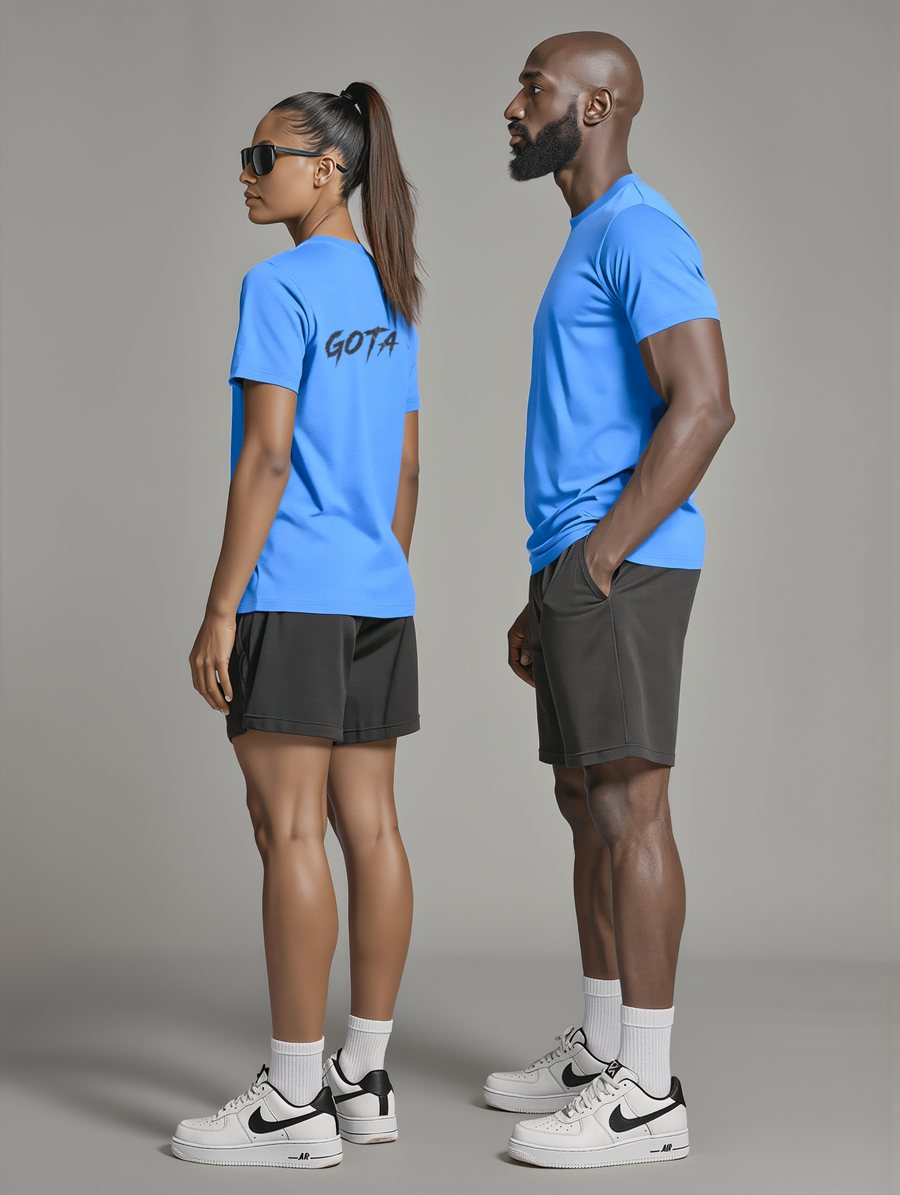 Side view of the blue GOTA tee on two people