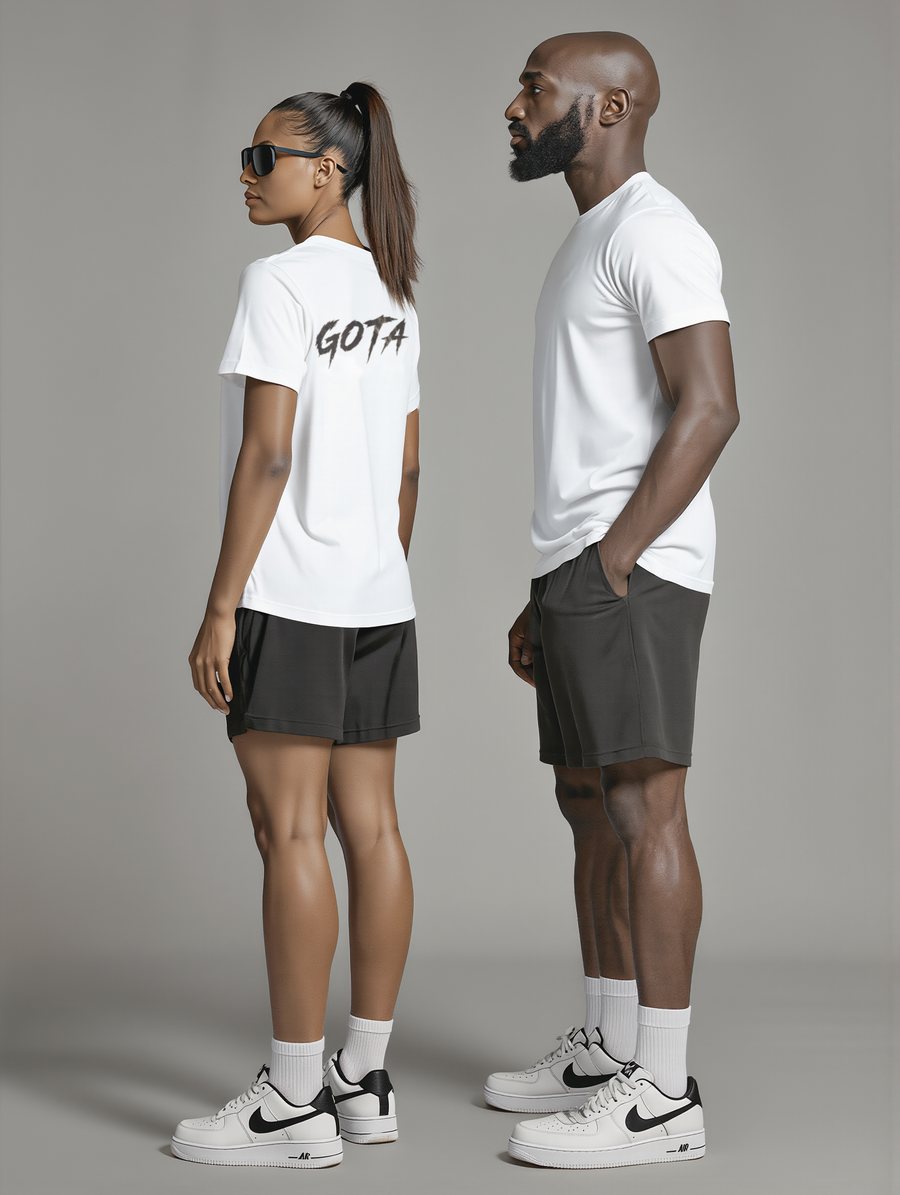 Side view of the white GOTA tee on two people