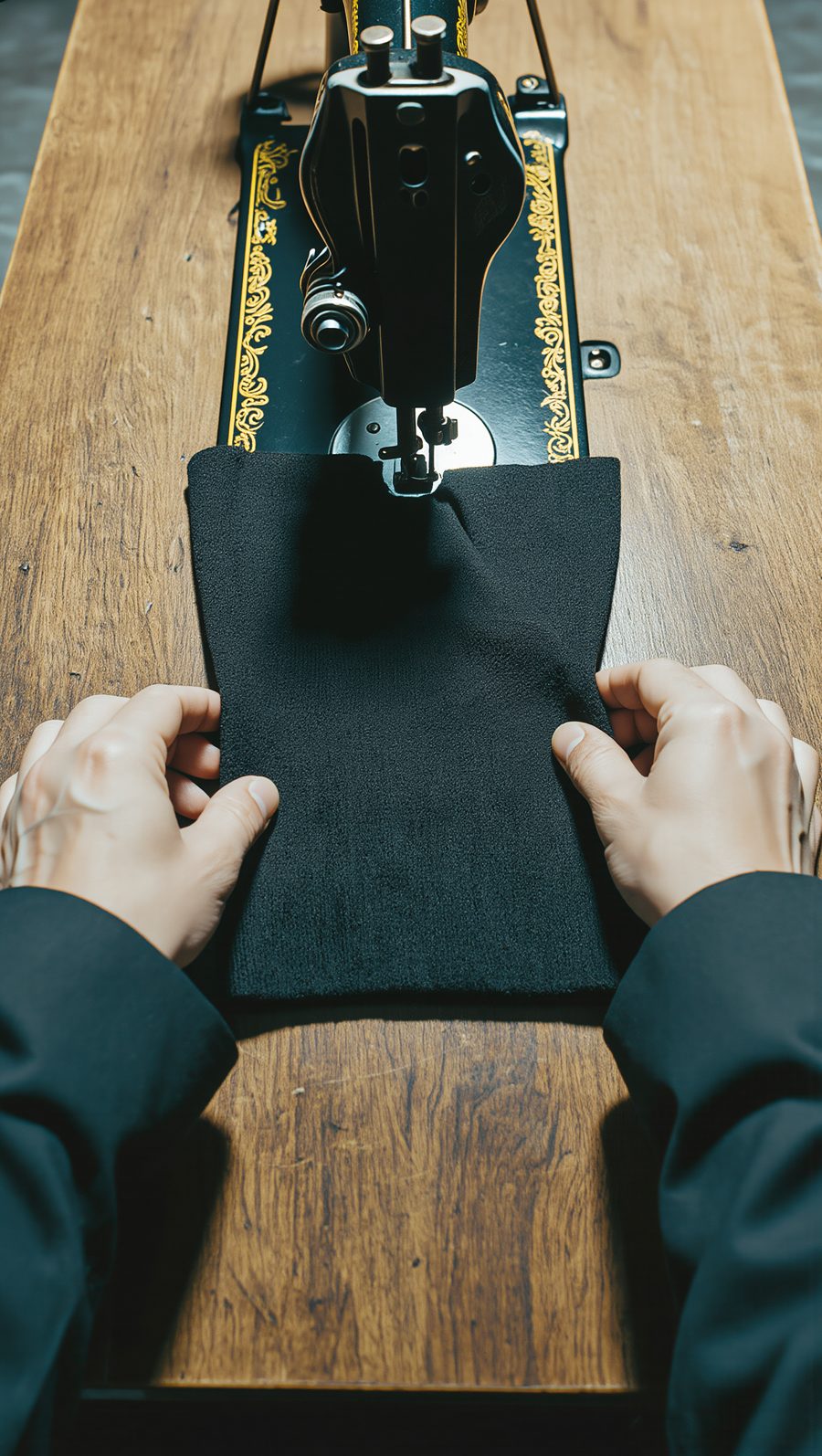 Hands guiding black fabric under the sewing machine