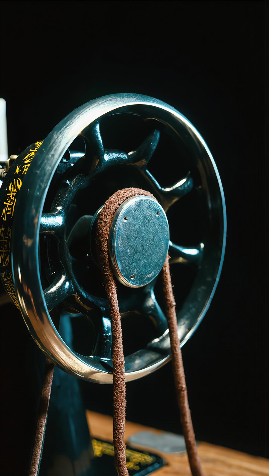 The flywheel and belt of an old sewing machine