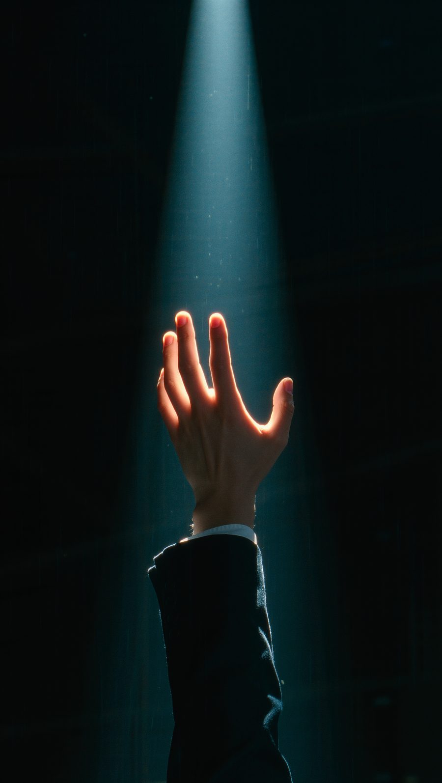 A hand reaching into a beam of light