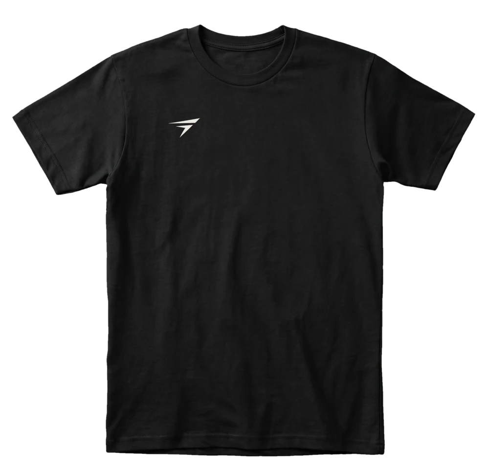 GOTA black tee, front, small mark on the chest
