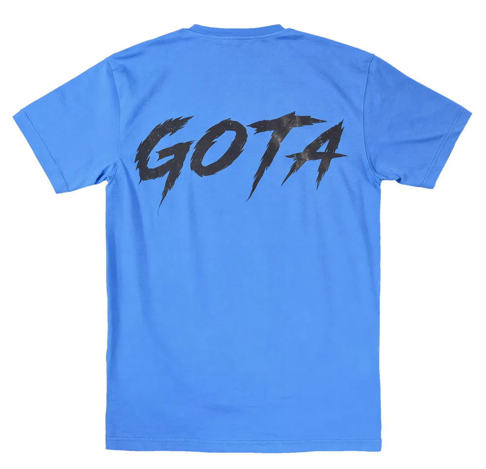 GOTA blue tee, back, GOTA lettering