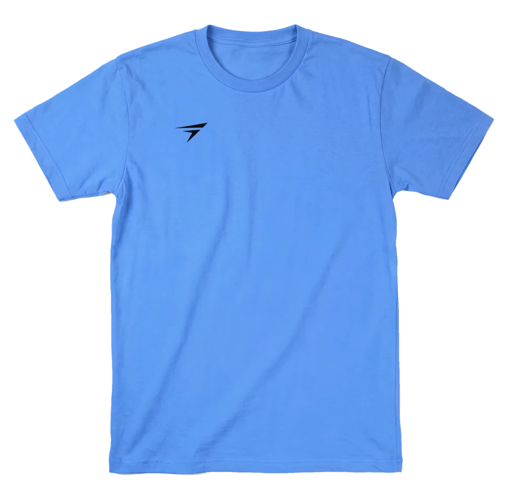 GOTA blue tee, front, small mark on the chest